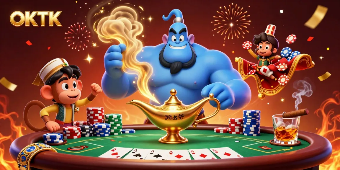Play exciting casino games with OKTK as a blue genie, monkey, and magic carpet burst into action.