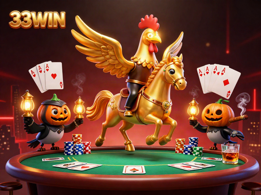 Experience the thrill of 33WIN with a golden rooster in a midnight casino scene.