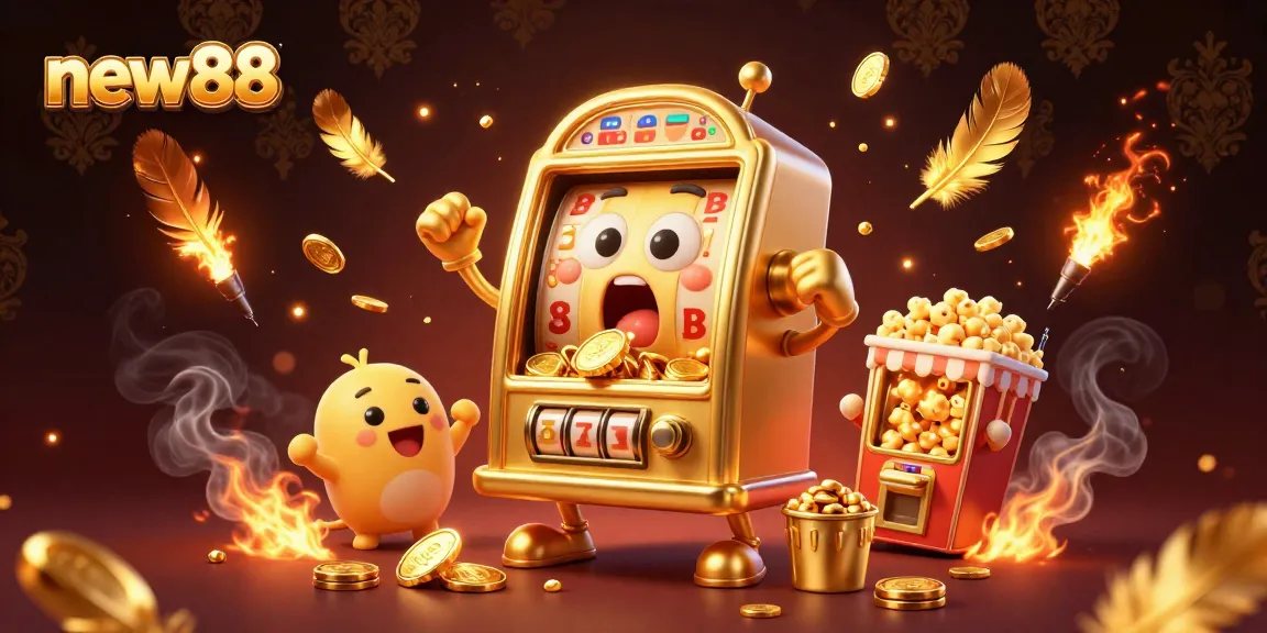 new88 slot machine hitting a jackpot with coins pouring, celebrating a big win in a vibrant casino scene