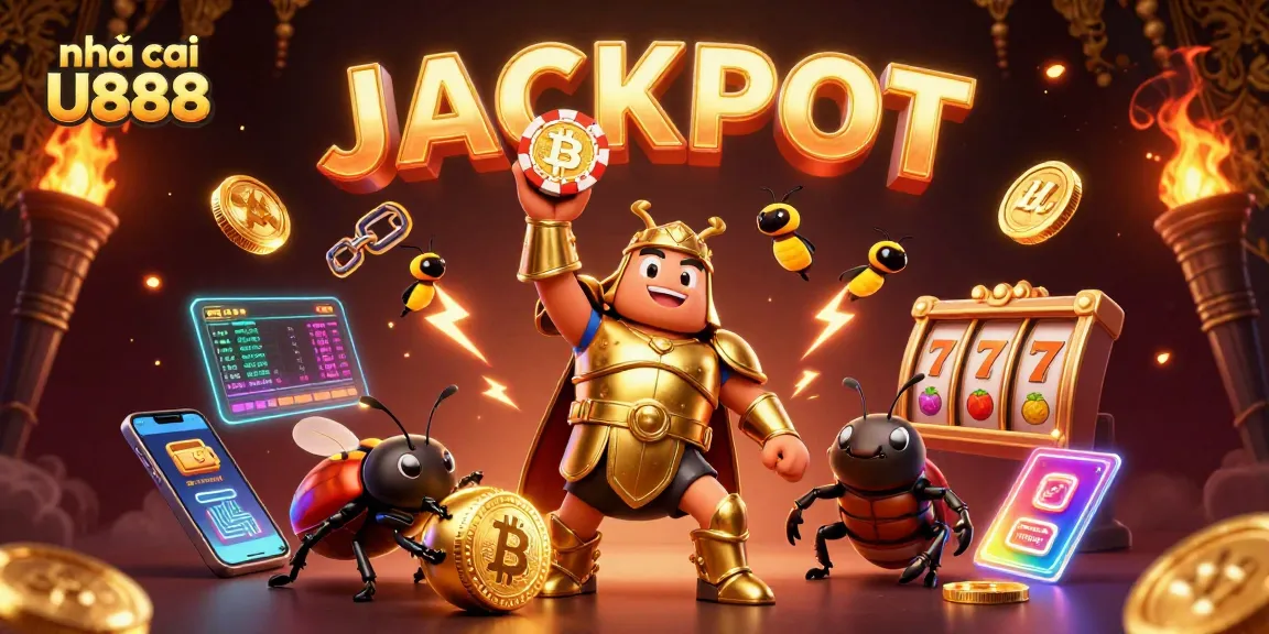 "Elevate your games with nhà cái U888, featuring a victorious beetle as a poker champion amidst dazzling casino elements."