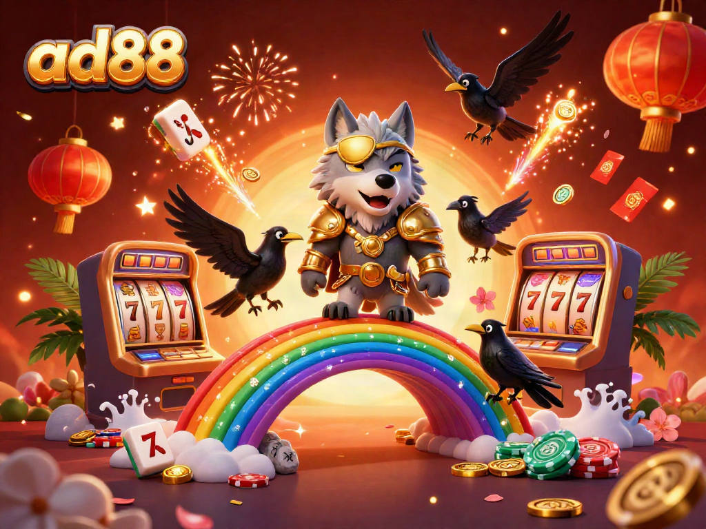 Experience the vibrant energy of ad88 with Odin and his ravens in a casino world filled with spinning slots and lucky symbols.