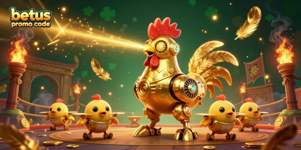 Win big with betus promo code in a vibrant casino scene featuring a golden robot and chicks.