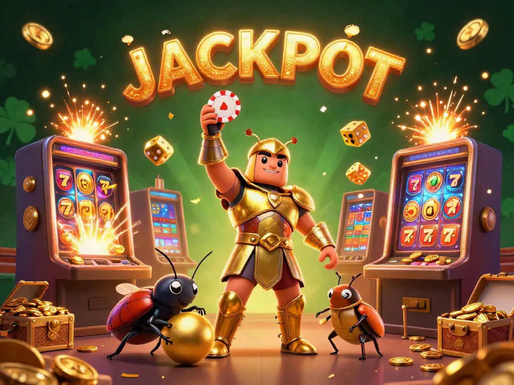 Experience a thrilling casino adventure with a hercules beetle champion lifting a poker chip amidst explosions of joy and vibrant gaming elements.