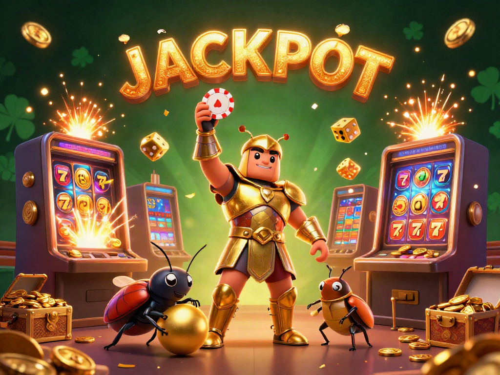 Experience a thrilling casino adventure with a hercules beetle champion lifting a poker chip amidst explosions of joy and vibrant gaming elements.