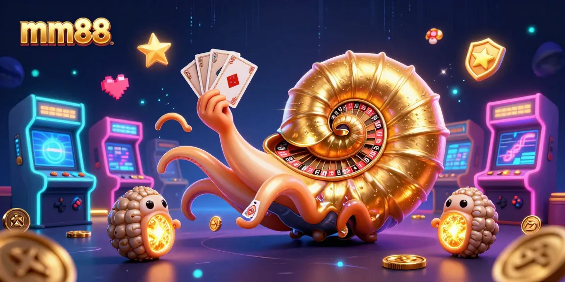 Engage with mm88's exciting casino scene featuring a giant nautilus roulette wheel and glowing game elements.