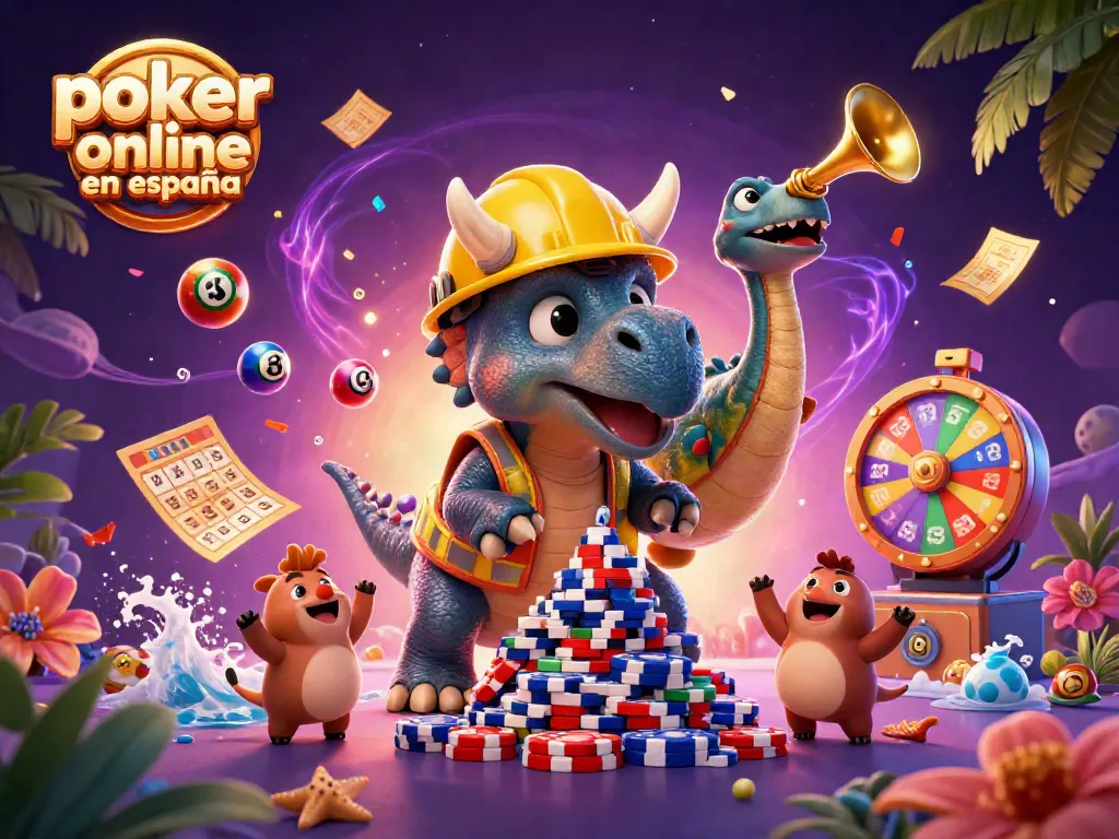 Construye un emocionante ambiente de póker online en España con un triceratops, un parasaurolophus y compys celebrando.