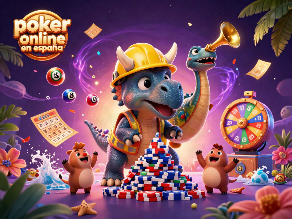 Construye un emocionante ambiente de póker online en España con un triceratops, un parasaurolophus y compys celebrando.
