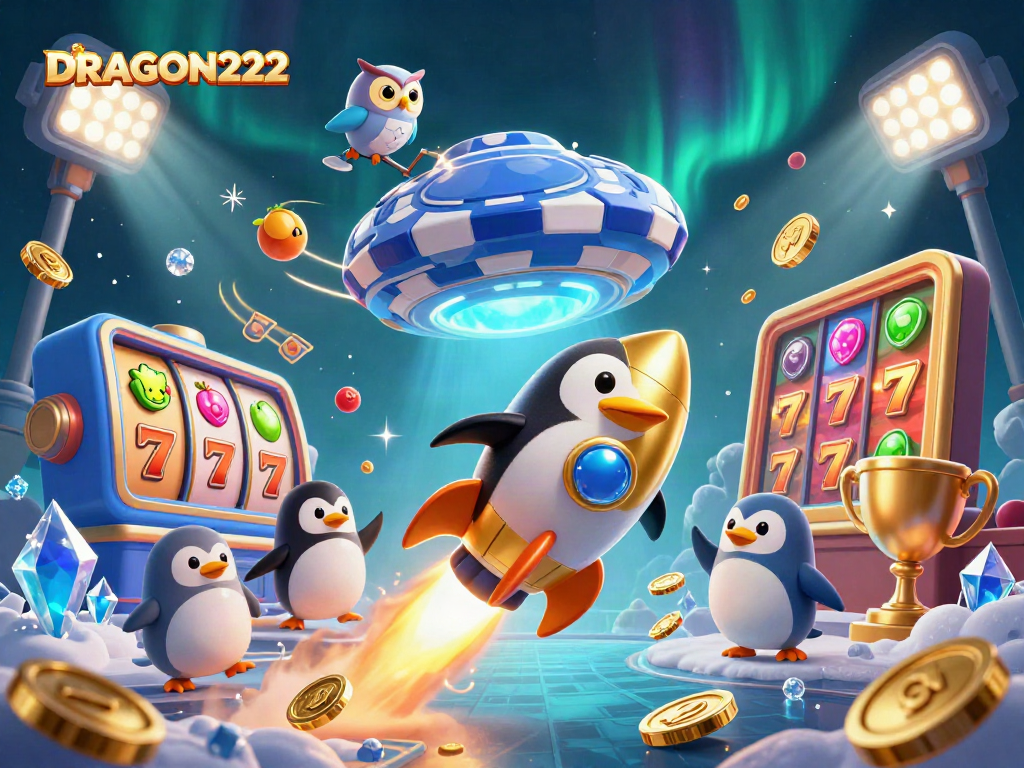 Experience the excitement of DRAGON222 with a golden penguin and lively casino elements in a dynamic scene.
