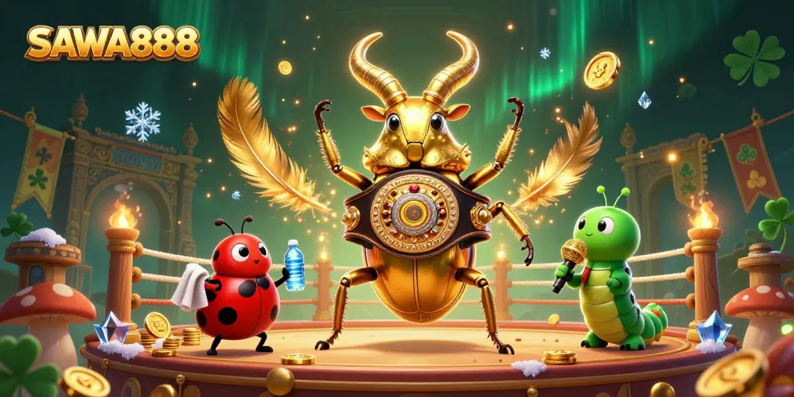 Experience the excitement at SAWA888 with a dynamic gambling illustration featuring a giant beetle champion.