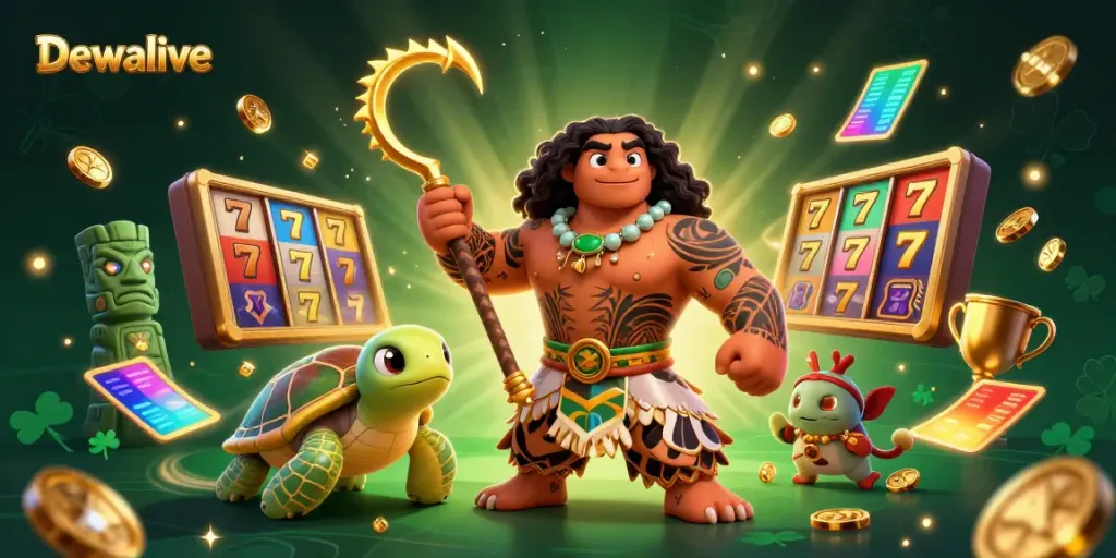 Dewalive offers a vibrant gaming experience with a demigod hawk, slot reels, and gold coins in a rich 3D casino scene.
