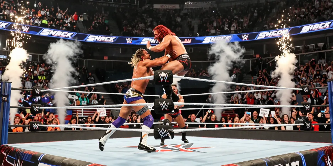 WWE SmackDown event featuring intense wrestling action and enthusiastic fans cheering