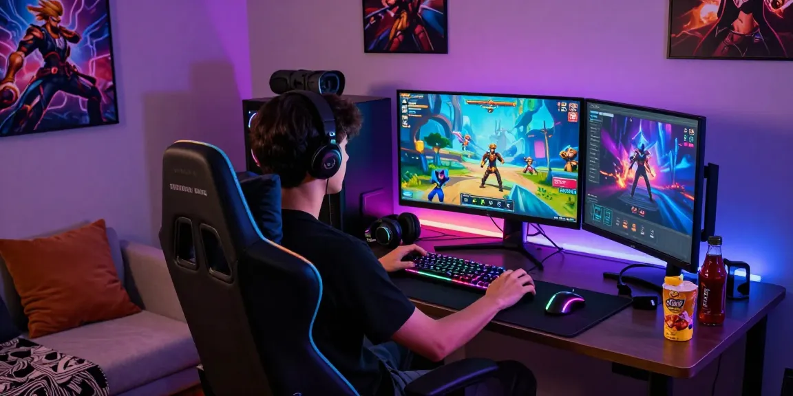 Engaged player enjoying an adult game on a vibrant gaming setup with colorful lighting and action on screen.