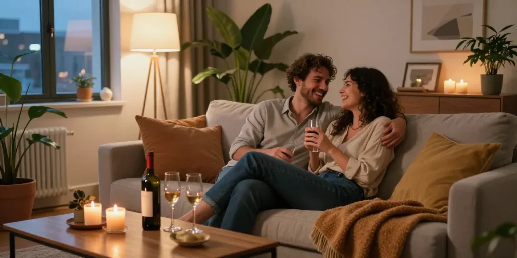 Couple enjoying quality time together at home in a cozy setting, highlighting intimacy, relaxed atmosphere, and connection, سكس عرب.
