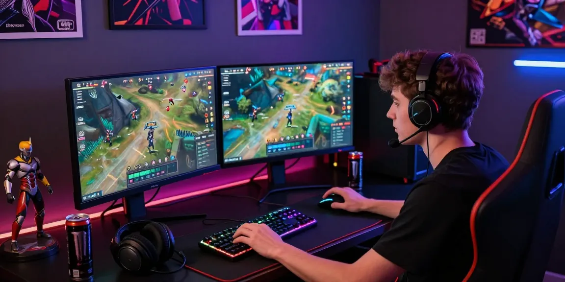 Gaming enthusiast at desk focused on link gacor strategies with vibrant setup and immersive atmosphere.